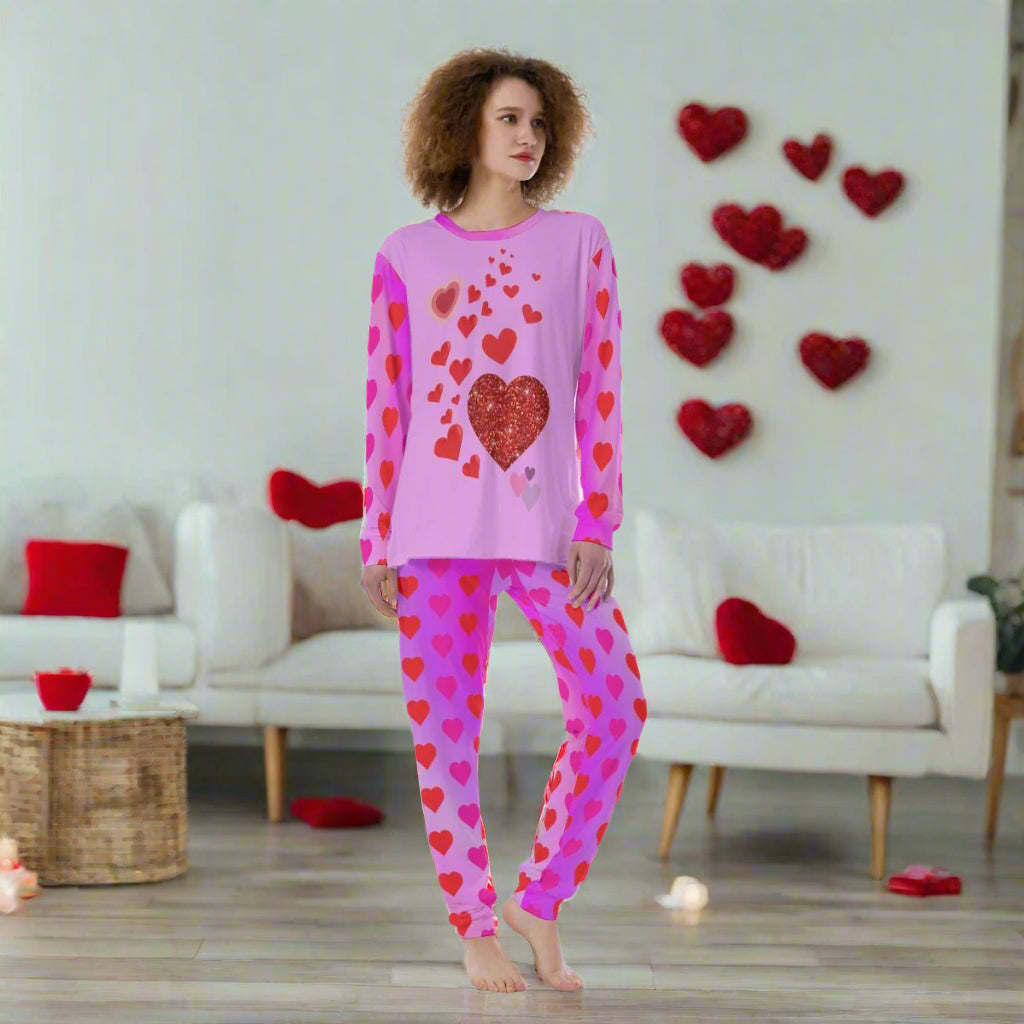 Women’s Pajama Set – Fun Heart Pattern Crew‑Neck Sleepwear Two‑Piece Lounge Set - Printspirationz