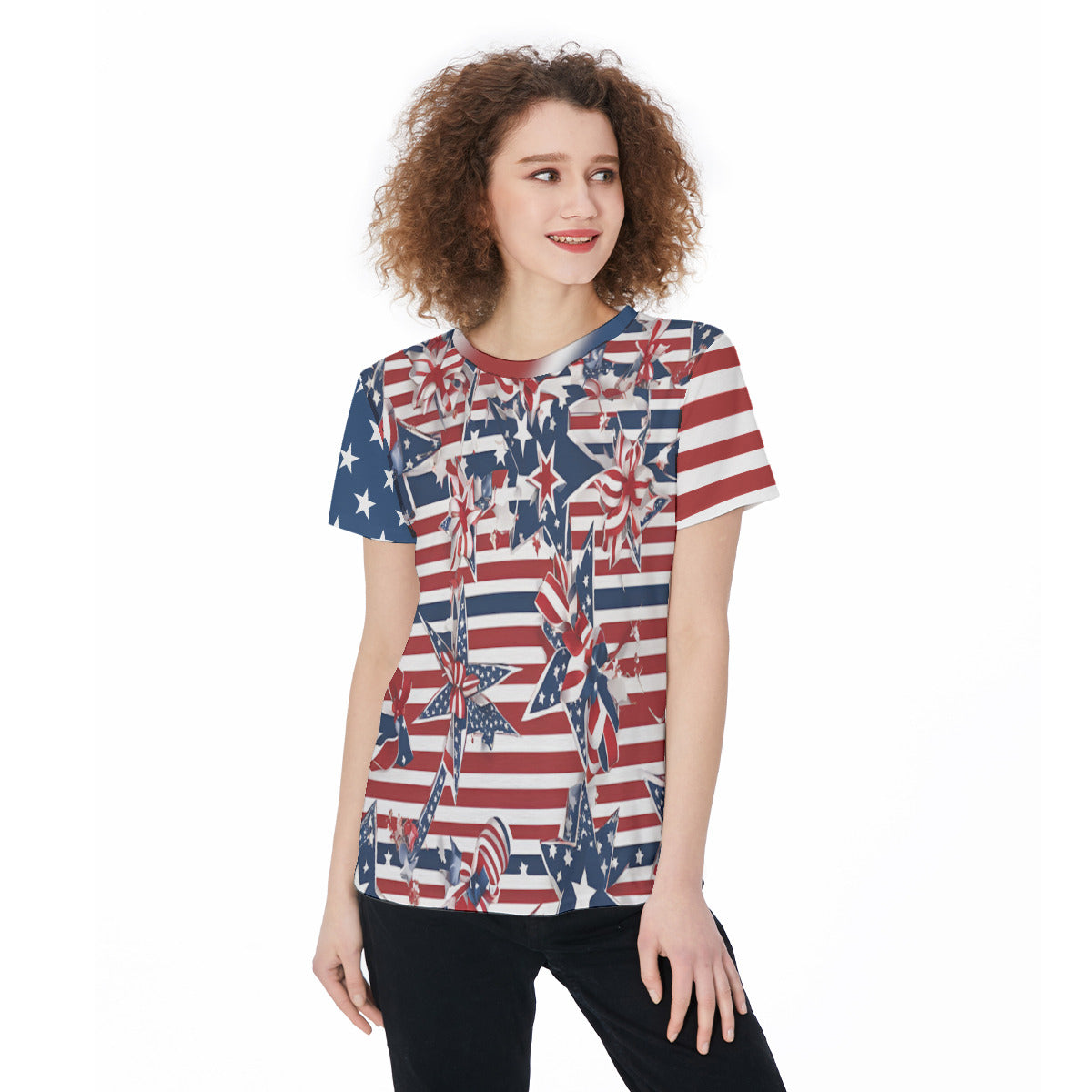American Patriotic Tee - USA Flag Inspired Round Neck T-Shirt For Women - Lightweight, Casual, Festive Independence Day Sports Jersey Gym Workout Top - Lightweight and Trendy! - Printspirationz