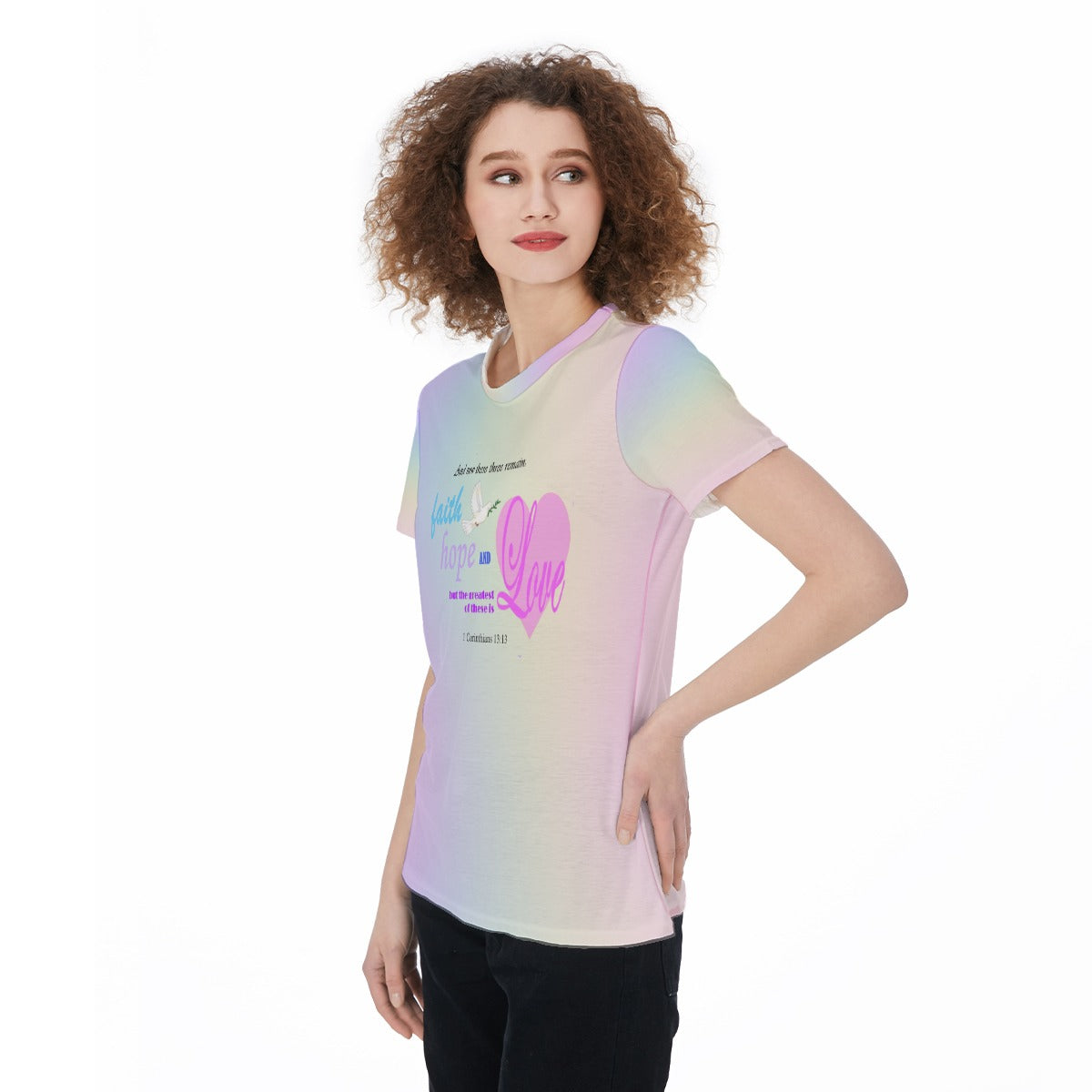 Faith Hope Love Bible Verse T-Shirt – Scripture Dove & Heart Graphic Tee – Pastel Rainbow Lightweight Jersey Shirt – Inspirational Scripture Tee For Women - Printspirationz