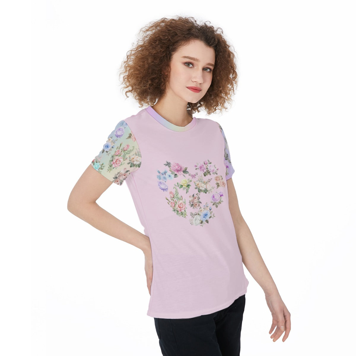 Cute Pastel Flower Heart Graphic Tee | Lightweight Pink Jersey T-Shirt For Women, For Workouts, Leisure, or as a Pajama Top - Printspirationz