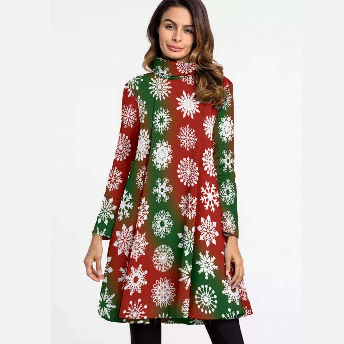 Red and Green High Neck Snowflake Mini Dress - Elegant Above the Knee Winter Design, Christmas Party Cocktail Dress
