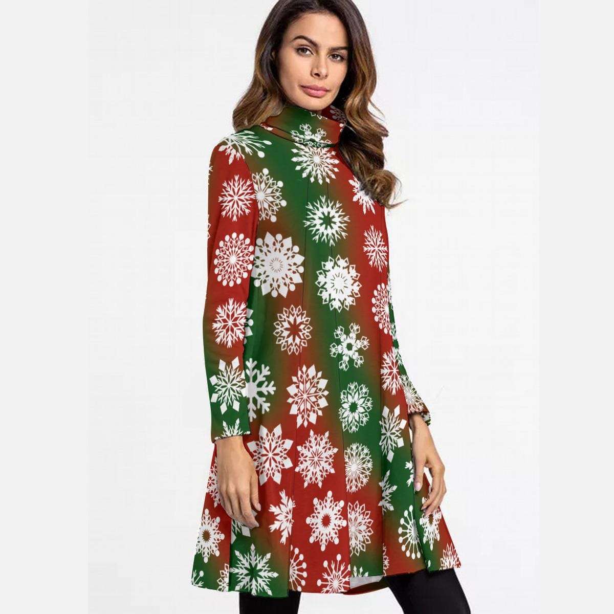 Red and Green High Neck Snowflake Mini Dress - Elegant Above the Knee Winter Design, Christmas Party Cocktail Dress