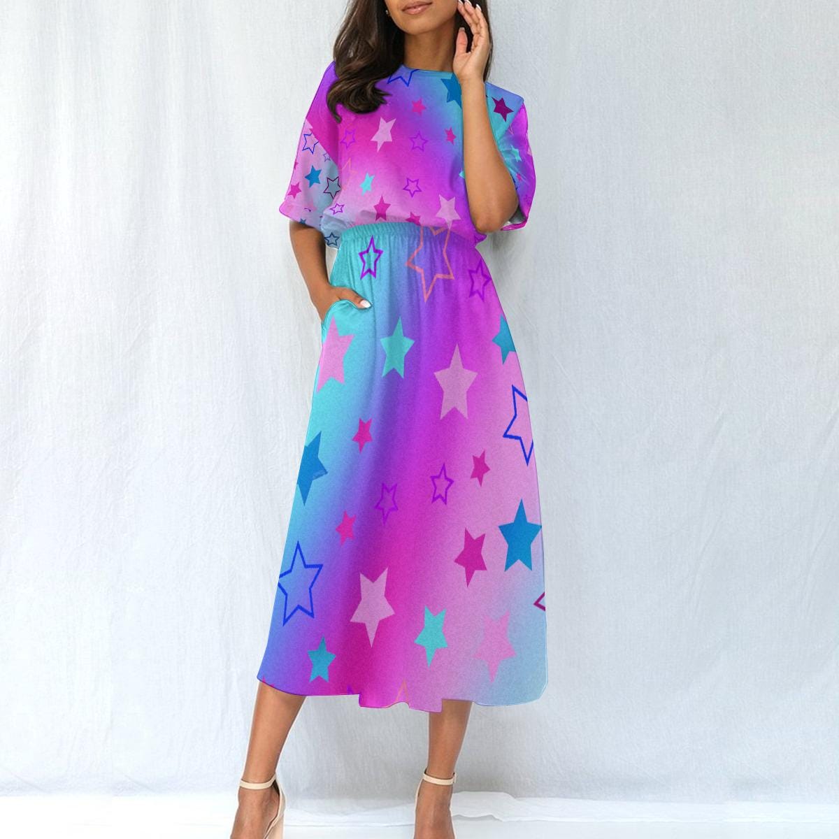 Dreamy Pink Blue Purple Gradient Starry Ankle Length Dress - Comfortable Elastic Waist Fashion - Printspirationz