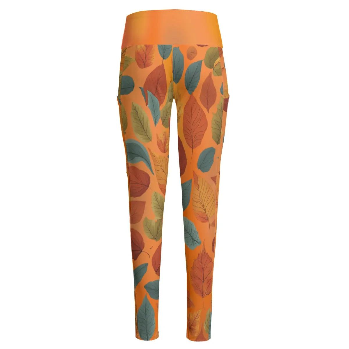 High Waist Yoga Leggings with Side Pockets Fall Leaves Pattern on an Orange Background – Satin Drill Fabric for Women’s Activewear - Printspirationz