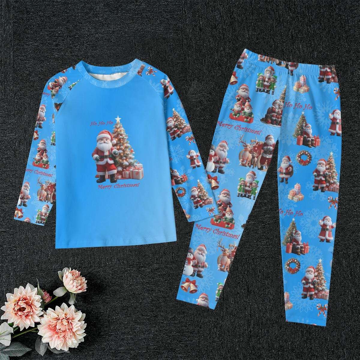 Kid's Blue Santa Claus Pajamas Set - Blue Background - Christmas Sleepwear, Matching family outfit, long sleeves loungewear, Holiday 2 pc