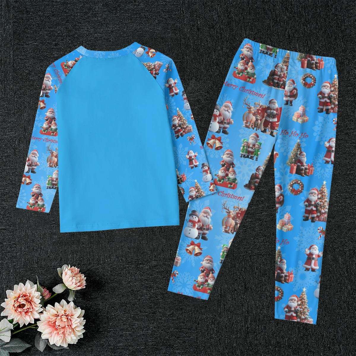 Kid's Blue Santa Claus Pajamas Set - Blue Background - Christmas Sleepwear, Matching family outfit, long sleeves loungewear, Holiday 2 pc