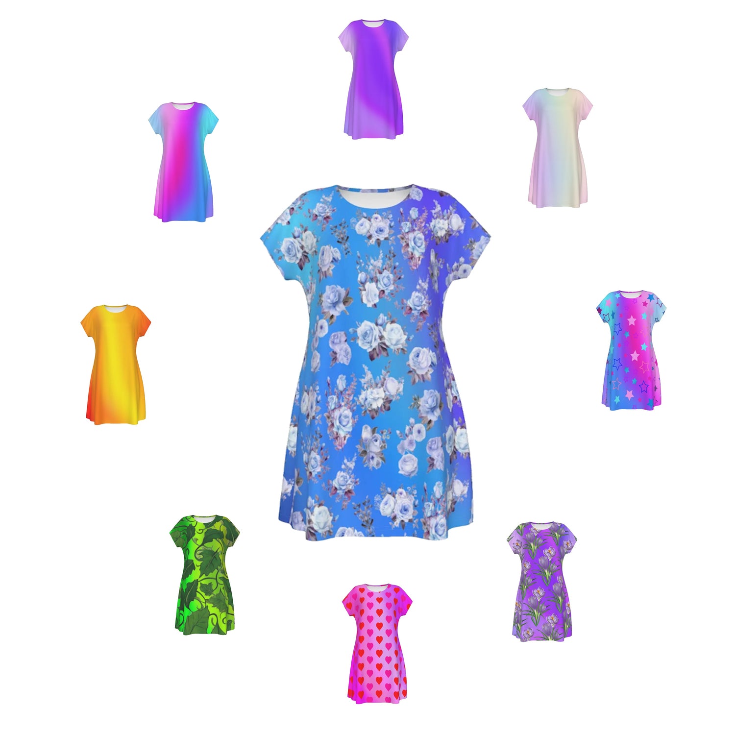 Women's Shirts & Tops - Oversized Short Sleeve T-shirt Dresses - Vibrant Colorful Patterns