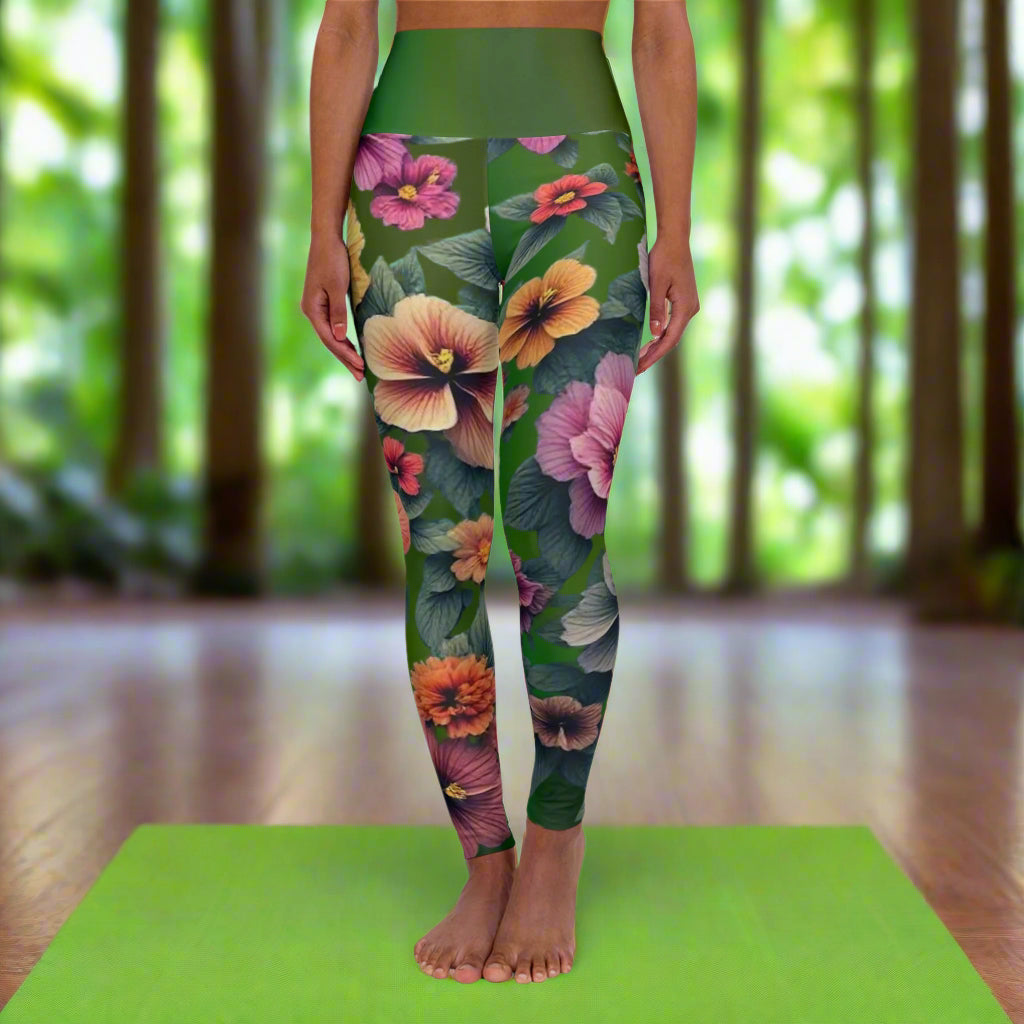 Floral Yoga Leggings, Green Gradient Workout Pants, Botanical Print Athletic Leggings, High Waisted Yoga Tights, Spring Flowers Pilates - Printspirationz