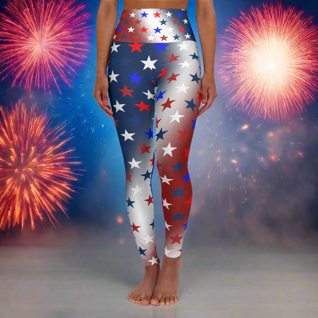 High Waist Stars on Red White and Blue Leggings, Patriotic USA Independence Day Designs - Printspirationz