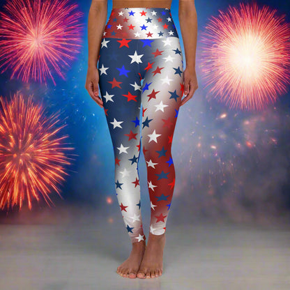 High Waist Stars on Red White and Blue Leggings, Patriotic USA Independence Day Designs - Printspirationz