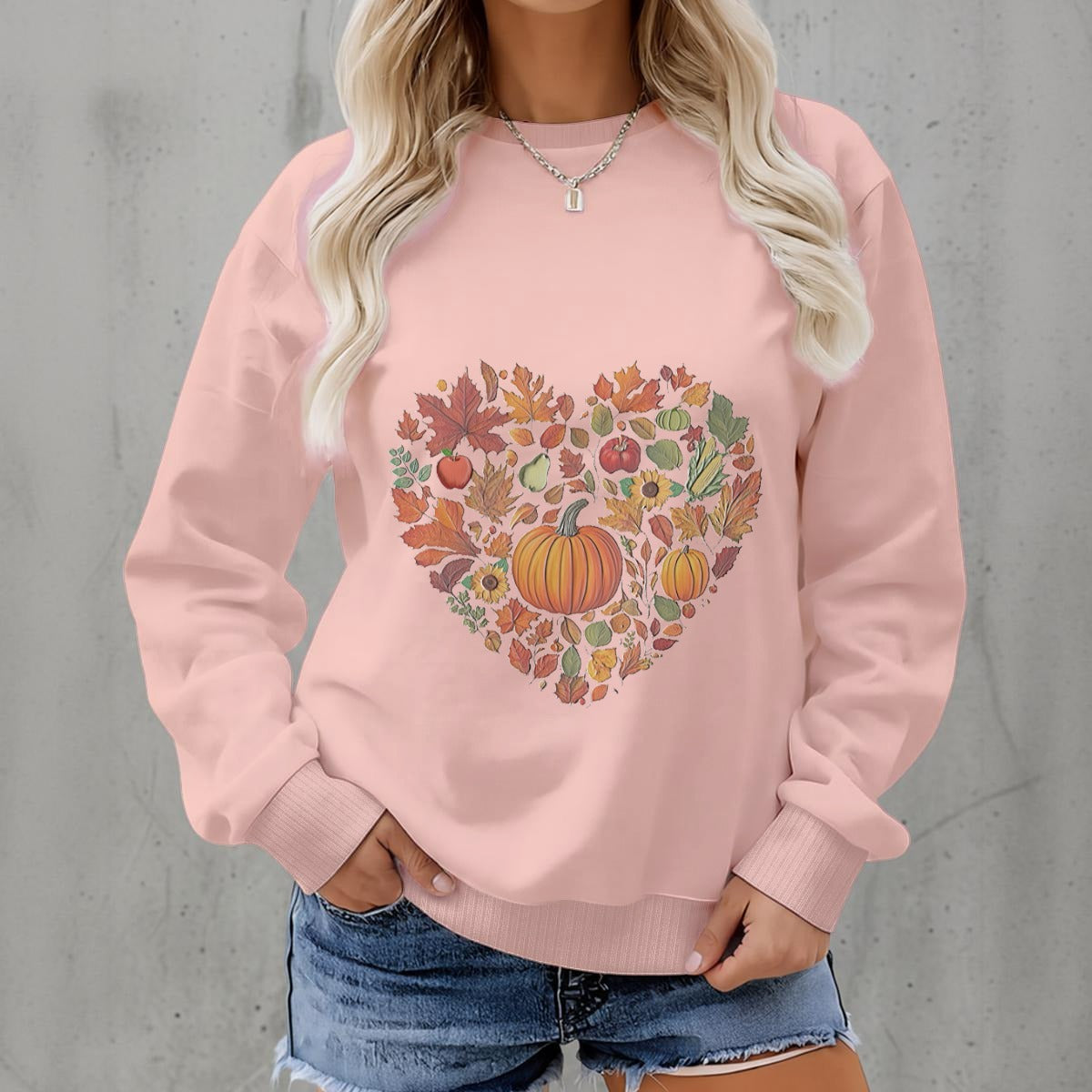 Autumn Heart Leaves & Produce Graphic Sweatshirt | Women’s Fall Floral & Harvest Fleece Crew-Neck Pullover
