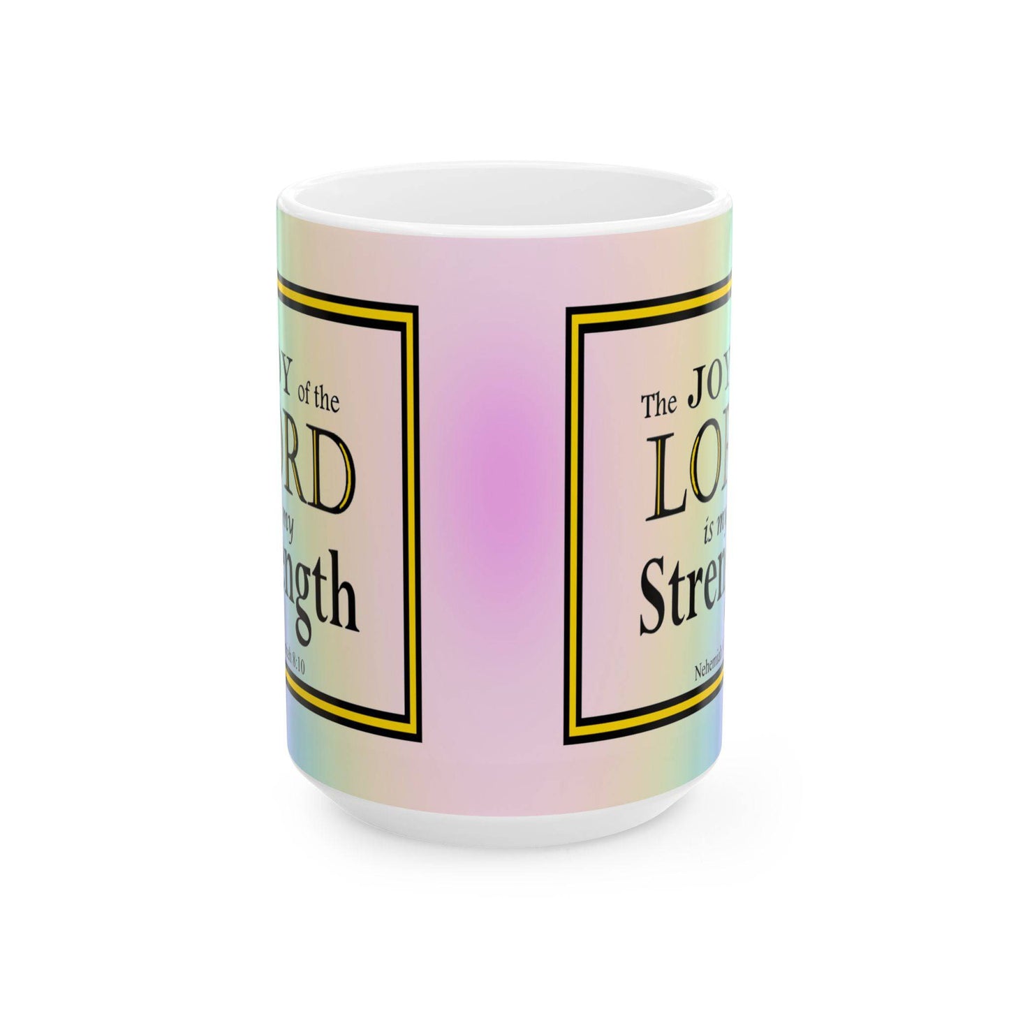 Colorful ceramic coffee mug with inspirational Bible verse and rainbow background design