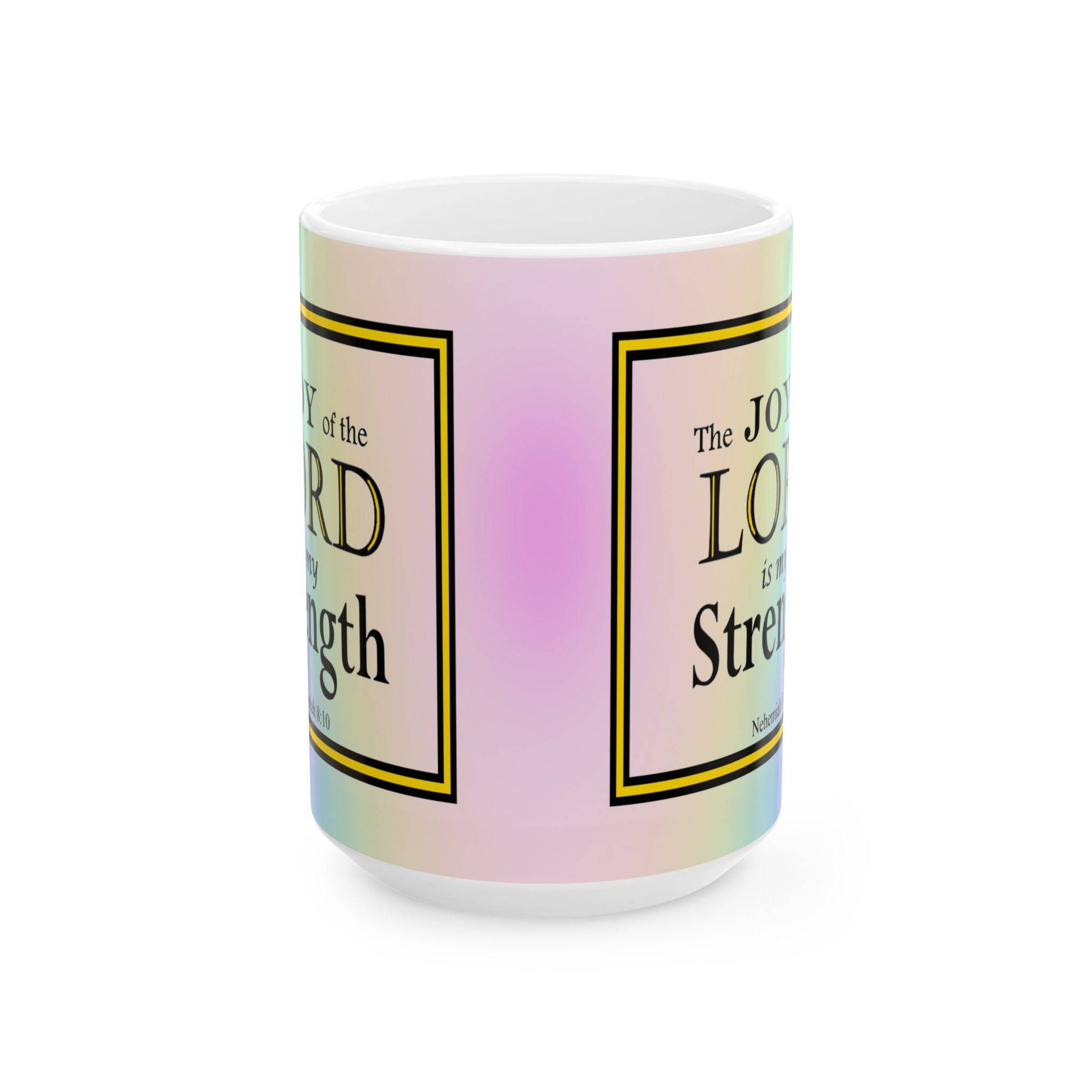 Colorful ceramic coffee mug with inspirational Bible verse and rainbow background design