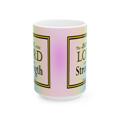 Colorful ceramic coffee mug with inspirational Bible verse and rainbow background design