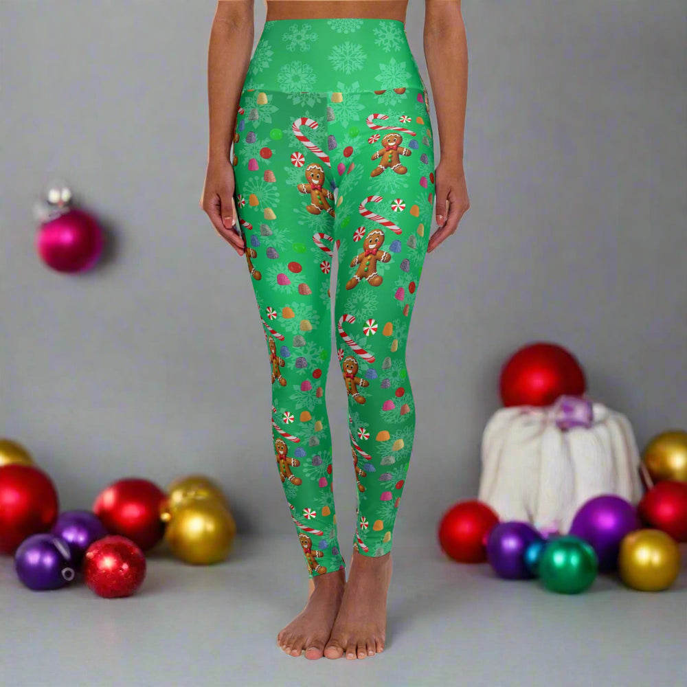 Yoga Leggings, Gingerbread Man Candy Design, Christmas Workout Apparel, Festive Holiday Activewear, Green Leggings, Fitness Leggings