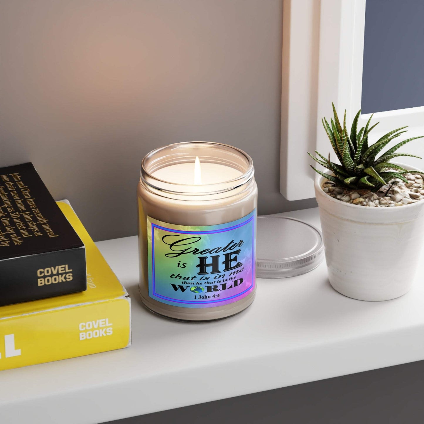 Aromatherapy Candles Biblical Quotes - Vibrant Rainbow Label - Assorted Scents On a Shelf- Printspirationz
