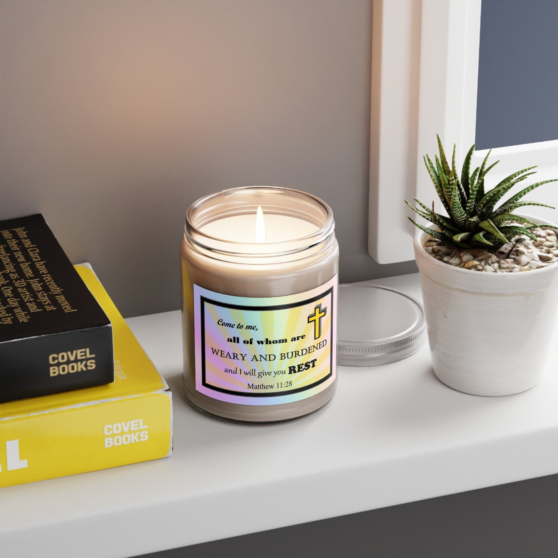 Aromatherapy Candles Biblical Quotes - Vibrant Rainbow Label - Assorted Scents On a Shelf- Printspirationz