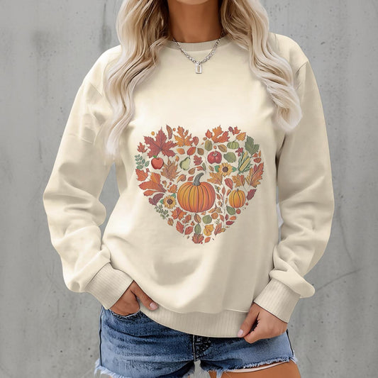 Autumn Heart Leaves & Produce Graphic Sweatshirt | Women’s Fall Floral & Harvest Fleece Crew-Neck Pullover