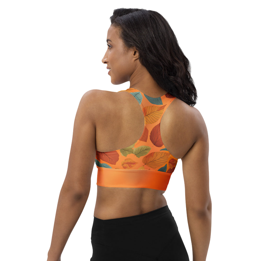 Recycled Longline Sports Bra with Fall Leaves on Orange Gradient – Eco-Friendly Autumn Workout Top