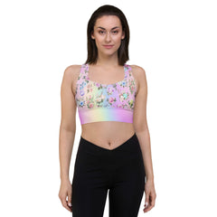 Pastel Rainbow Floral Recycled Longline Sports Workout Bra - Cute, Comfortable Activewear for Yoga Fitness - Beautiful Stylish Athleisure