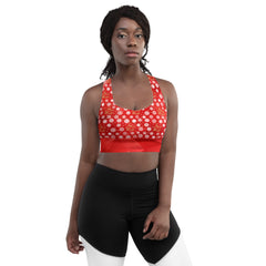Joy to the World Recycled Longline Sports Bra – Red Snowflake Christmas Workout Top for Women