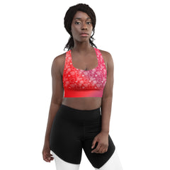Recycled Longline Sports Bra with Hearts and Swirls on Red Gradient – Eco-Friendly Compression Activewear