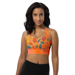 Recycled Longline Sports Bra with Fall Leaves on Orange Gradient – Eco-Friendly Autumn Workout Top
