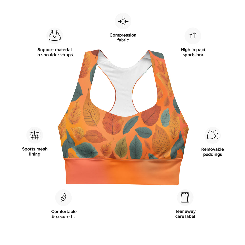 Recycled Longline Sports Bra with Fall Leaves on Orange Gradient – Eco-Friendly Autumn Workout Top