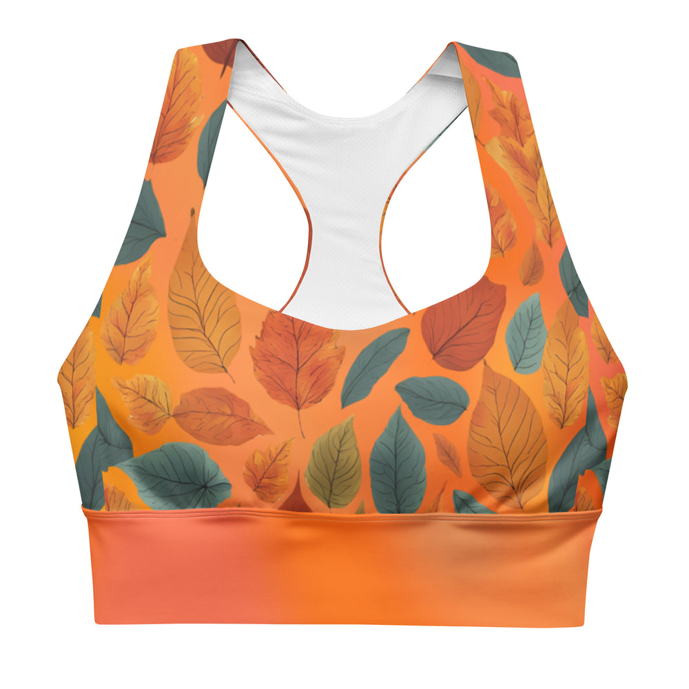 Recycled Longline Sports Bra with Fall Leaves on Orange Gradient – Eco-Friendly Autumn Workout Top