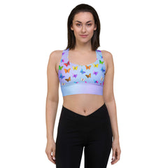 Stylish Colorful Butterfly Print Recycled Longline Sports Bra on Pastel Blue Gradient