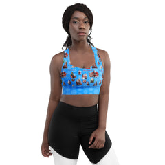Santa Claus Longline Sports Bra: Recycled Snowflake Kawaii Art  – Light Blue Snowflake Holiday Activewear Workout Top