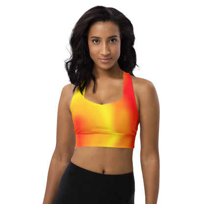 Warm Tones Gradient Longline Sports Bra – Recycled Fabric Ombre Top for Women Polyester Workout Top Fire Activewear