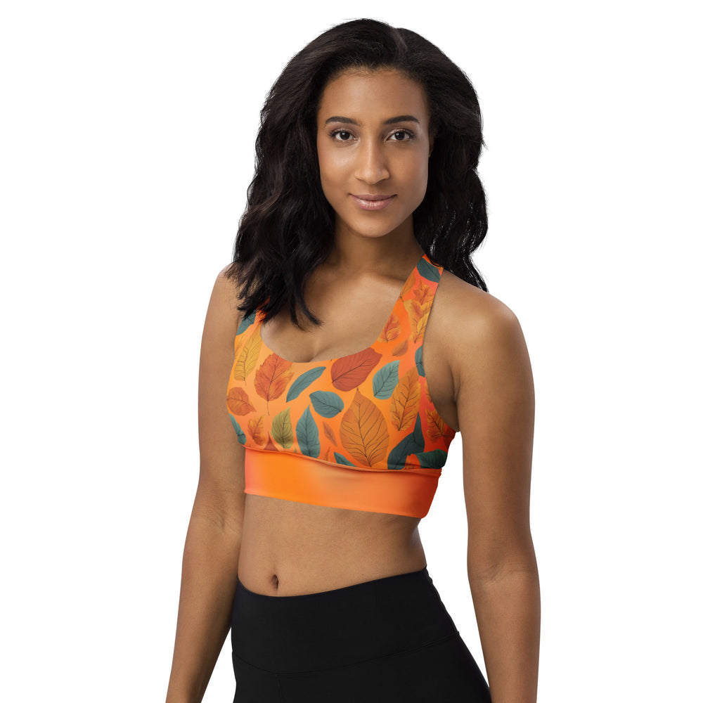 Recycled Longline Sports Bra with Fall Leaves on Orange Gradient – Eco-Friendly Autumn Workout Top