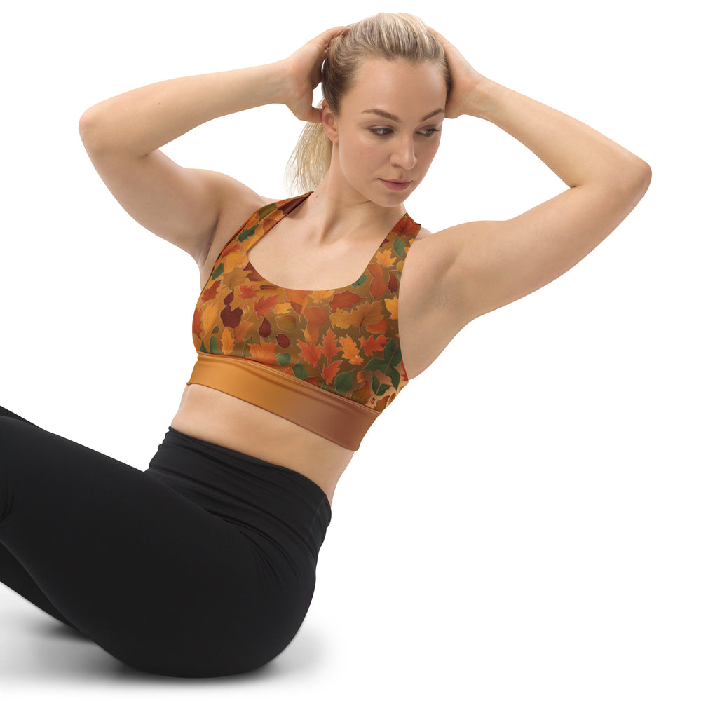 Recycled Longline Sports Bra with Fall Leaves Pattern – Fall Colors Eco-Friendly Activewear