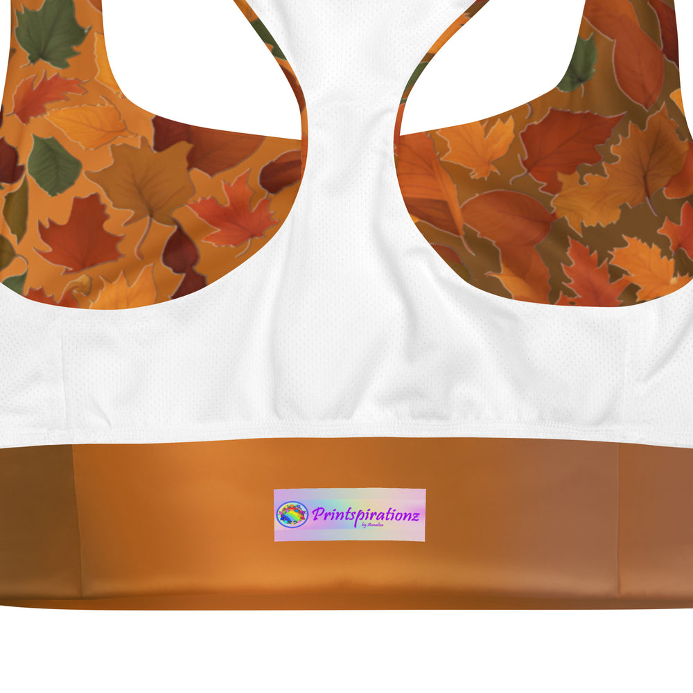 Recycled Longline Sports Bra with Fall Leaves Pattern – Fall Colors Eco-Friendly Activewear