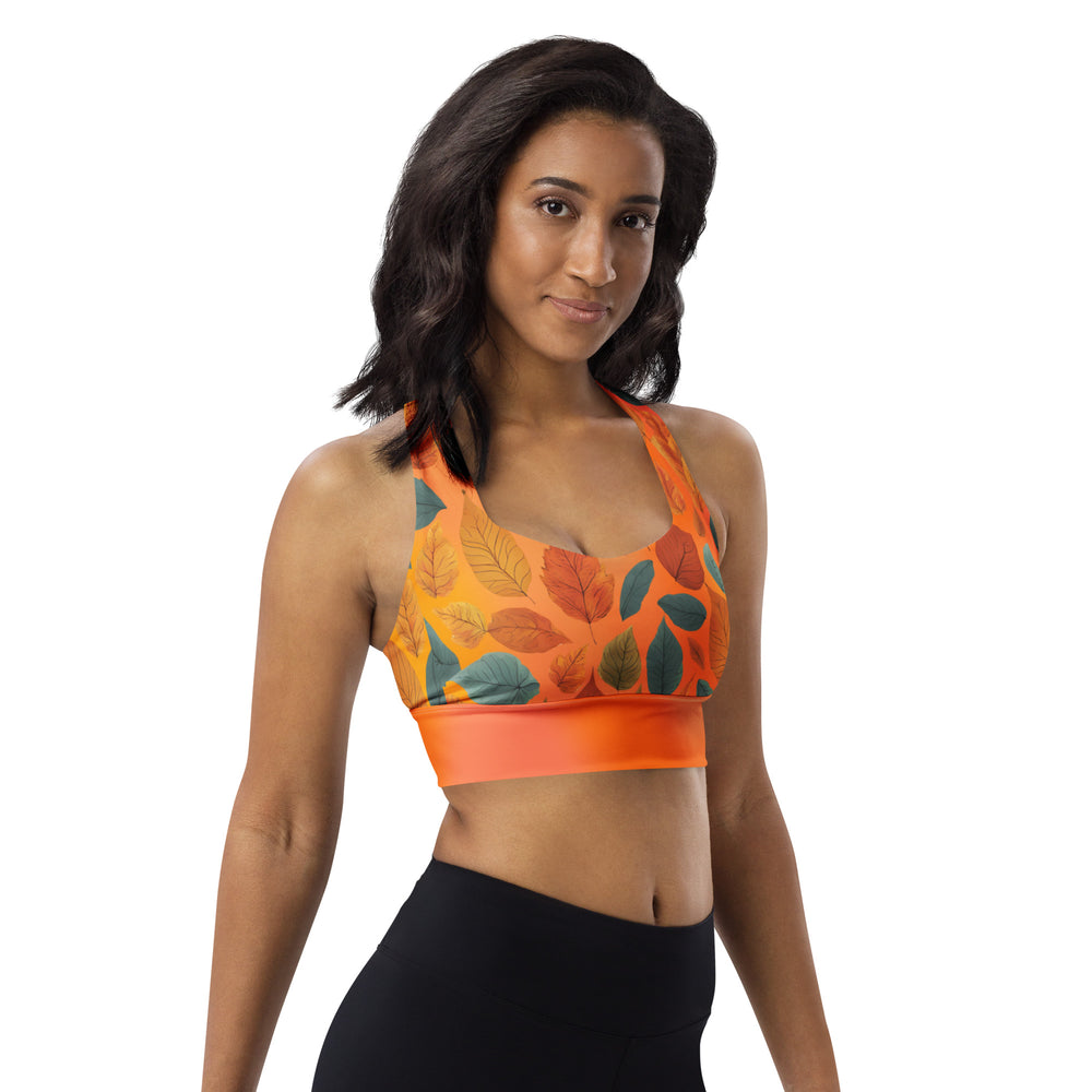 Recycled Longline Sports Bra with Fall Leaves on Orange Gradient – Eco-Friendly Autumn Workout Top