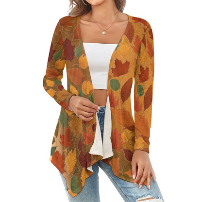 Woman wearing a colorful leaf-patterned cardigan on a white background -Printspirationz
