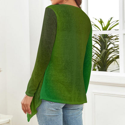 The backside of a woman wearing a gradient dark green long-sleeve top and blue jeans in a room with a plant in the background. - Printspirationz
