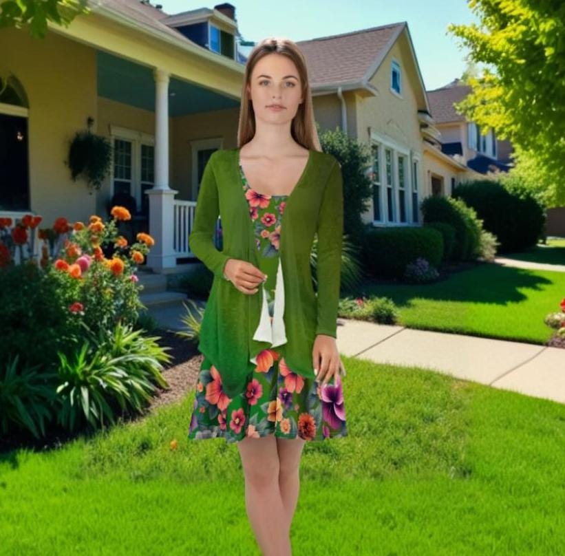 Gradient Dark Green Drop-Shoulder Women’s Open Shirt, Cardigan with Irregular Hem - Printspirationz