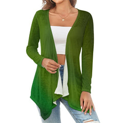 Gradient Dark Green Drop-Shoulder Women’s Open Shirt, Cardigan with Irregular Hem