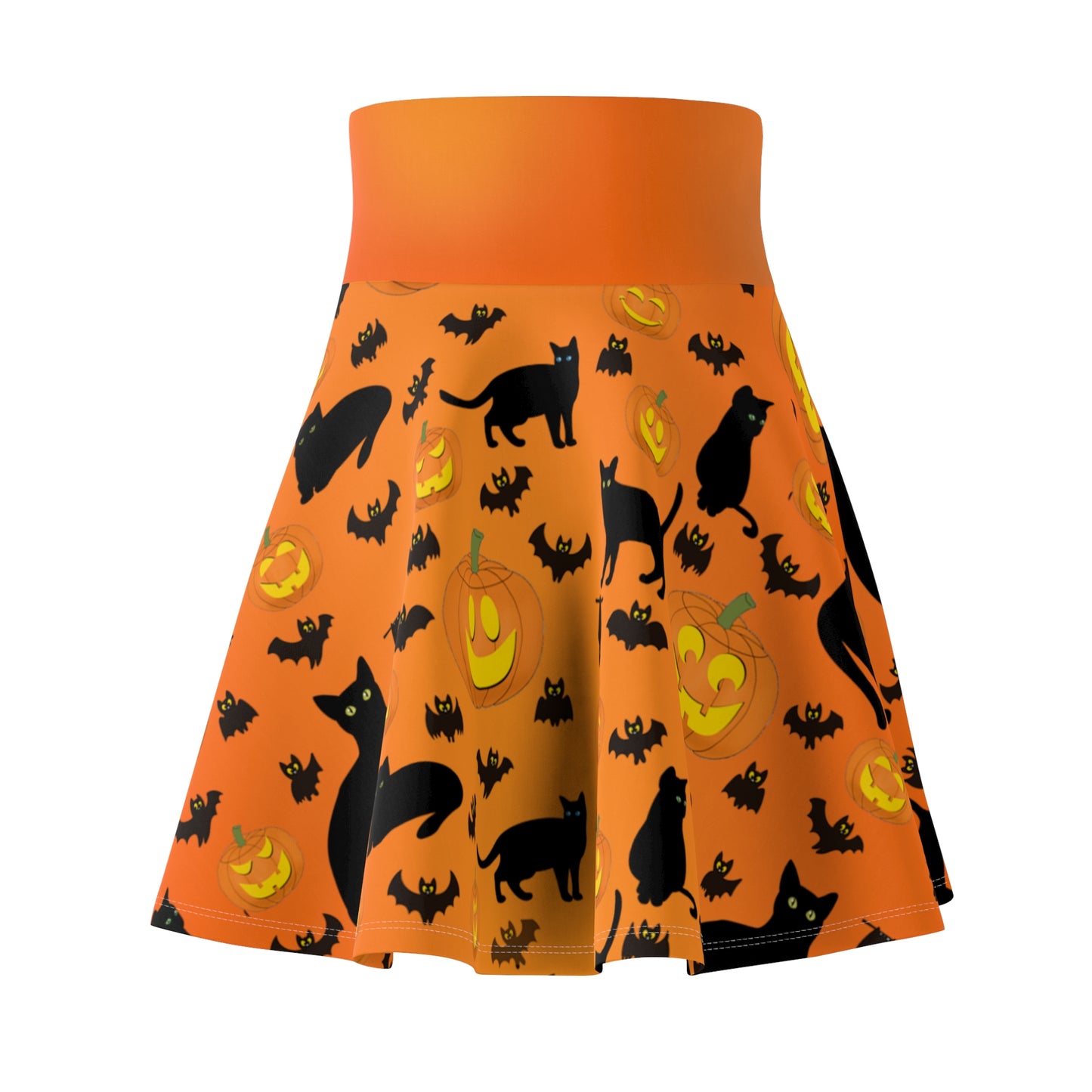 Halloween Skater Skirt - Orange Gradient Colored Versatile High Waist Ombre - Pumpkins, Bats, and Black Kitty Cats - Printspirationz