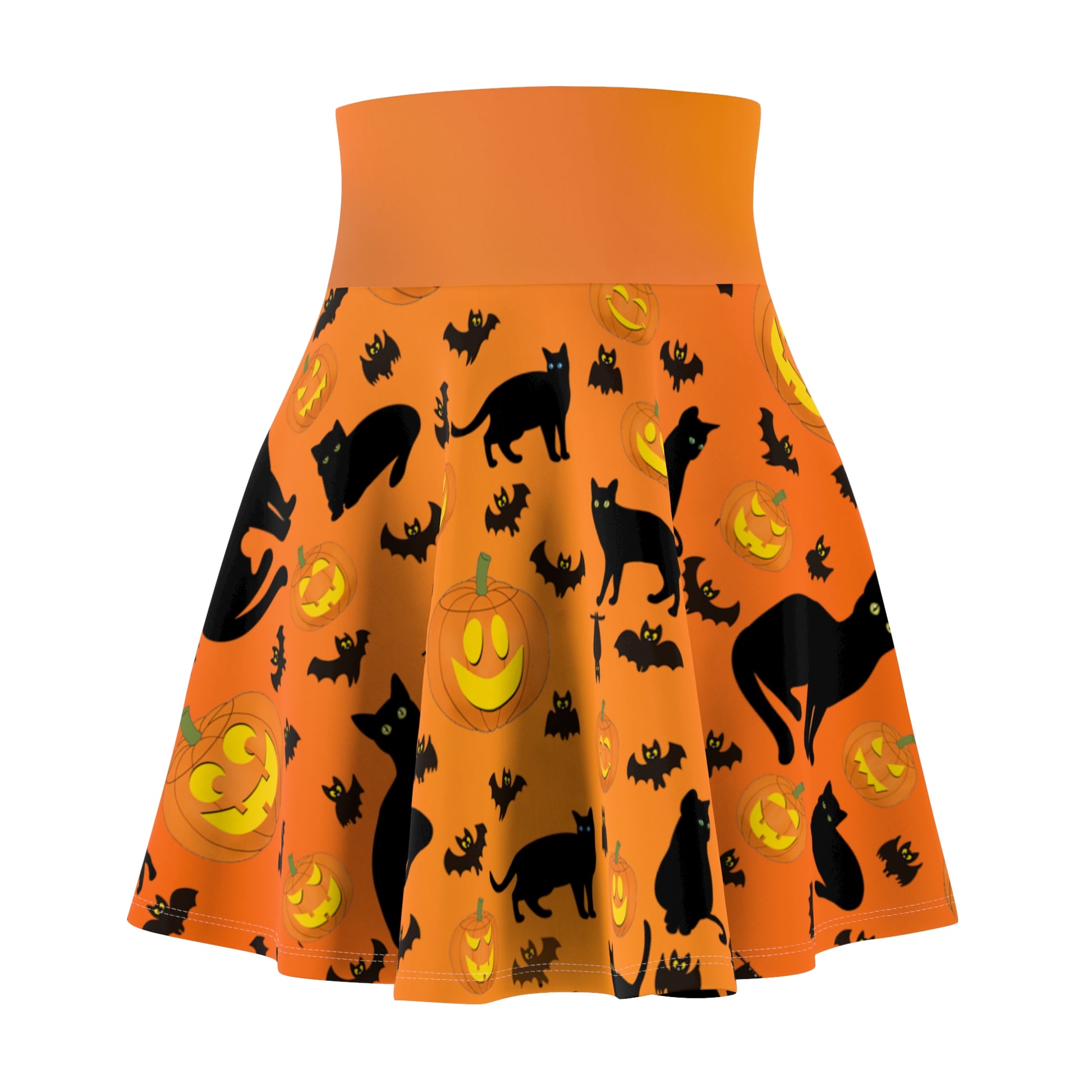 Halloween Skater Skirt - Orange Gradient Colored Versatile High Waist Ombre - Pumpkins, Bats, and Black Kitty Cats - Printspirationz