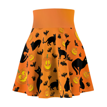 Halloween Skater Skirt - Orange Gradient Colored Versatile High Waist Ombre - Pumpkins, Bats, and Black Kitty Cats - Printspirationz
