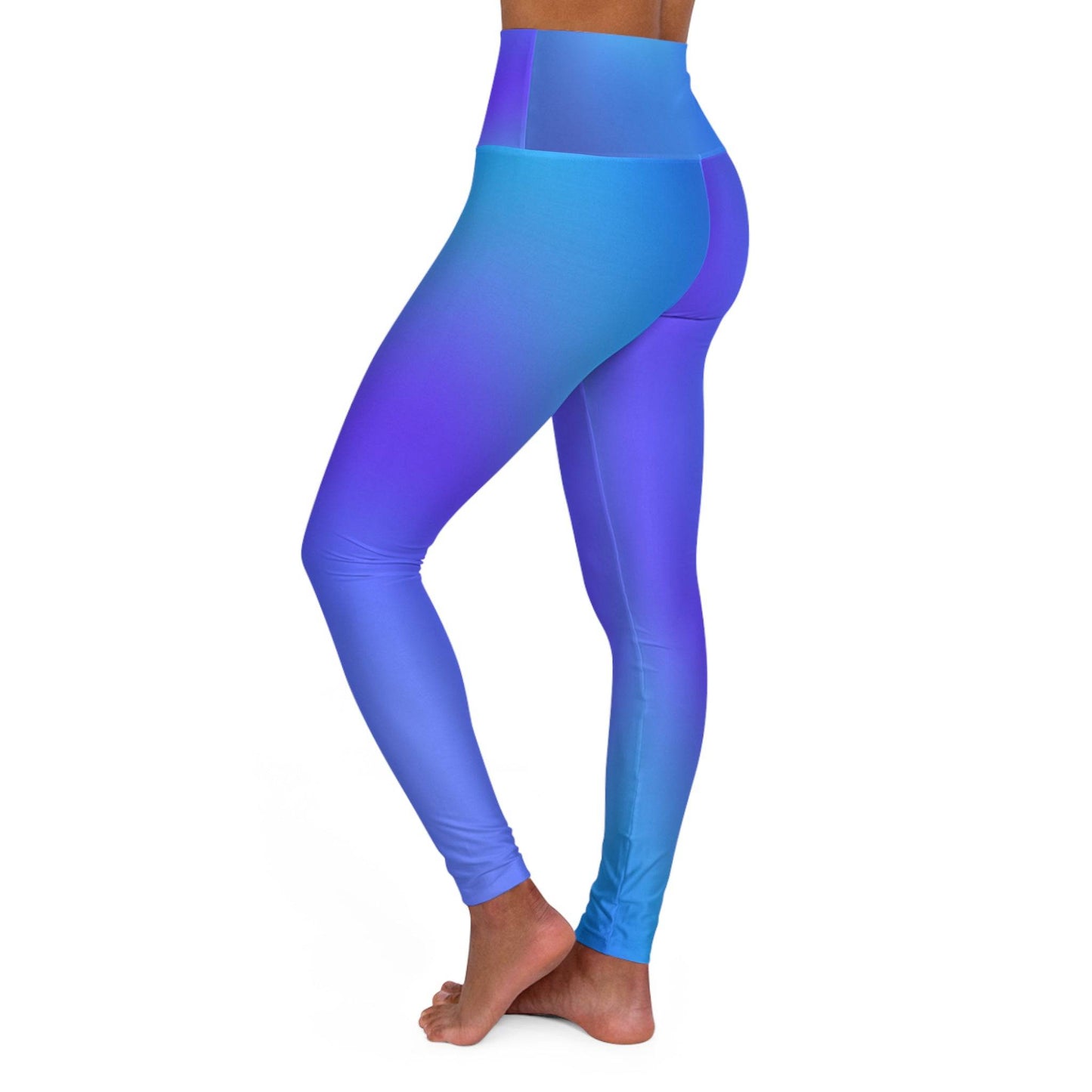 Woman wearing Vibrant Gradient Blue High Waist Yoga Leggings  Left Side View on a White Background - Printspirationz