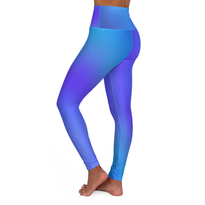 Woman wearing Vibrant Gradient Blue High Waist Yoga Leggings  Left Side View on a White Background - Printspirationz