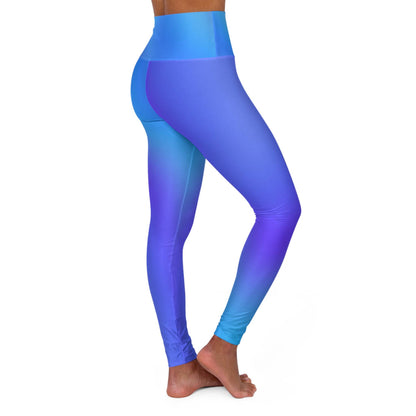 Woman wearing Vibrant Gradient Blue High Waist Yoga Leggings  Right Side View on a White Background - Printspirationz