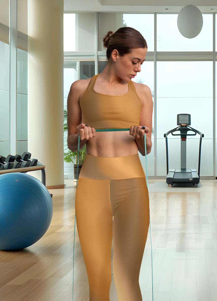 Woman wearing gradient brown High Waist Yoga Leggings exercising with resistance bands in a gym setting - Printspirationz