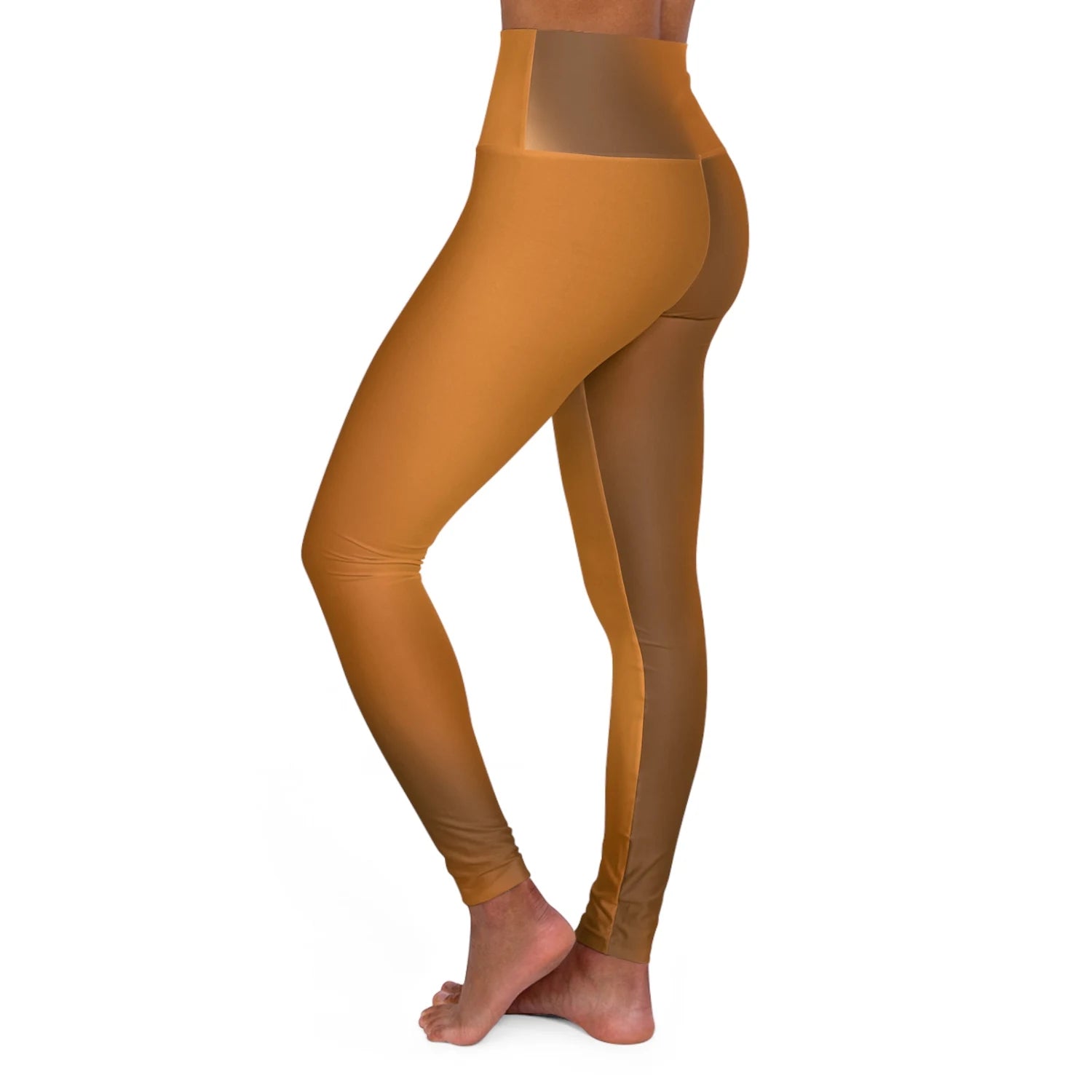 Woman wearing Vibrant Gradient brown High Waist Yoga Leggings  Left Side View on a White Background - Printspirationz