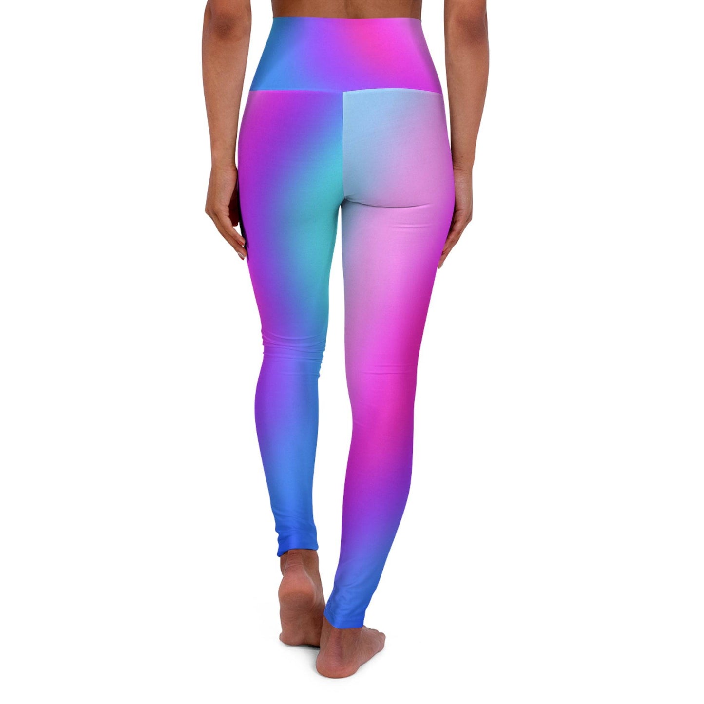 Woman wearing Vibrant Gradient Cool Colors High Waist Yoga Leggings  Back View on a White Background - Printspirationz