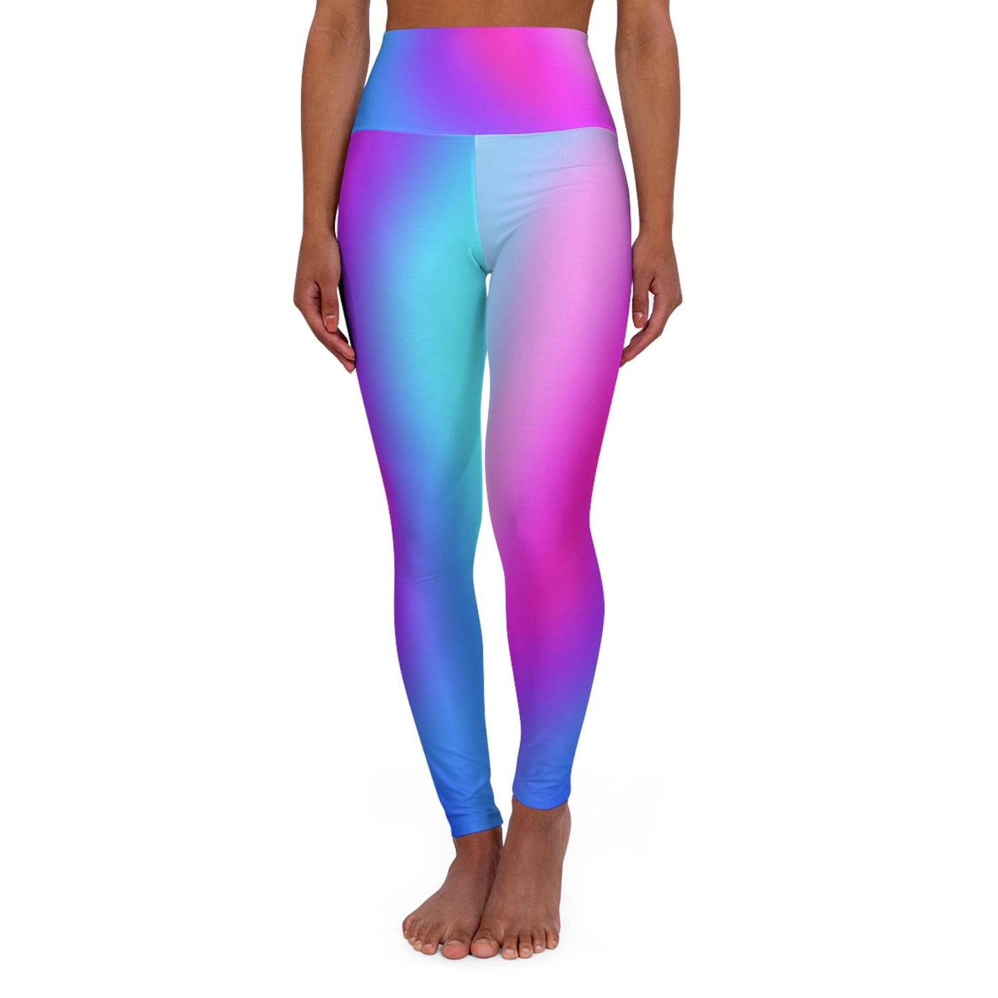 Woman wearing Vibrant Gradient Cool Colors High Waist Yoga Leggings  Front View on a White Background - Printspirationz
